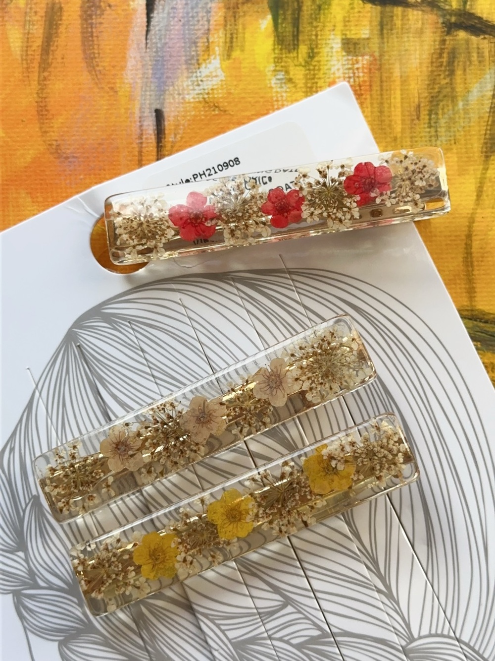 Floral Resin Rectangle Hair Clips - Clear with Red, Yellow, Cream Flowers